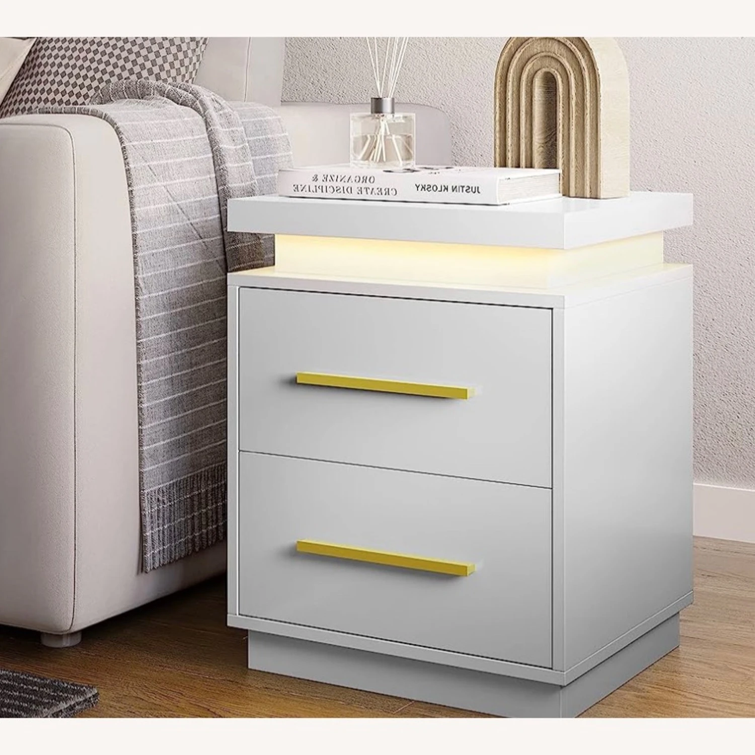 White LED N Ightstand With Gold Accents 1 White LED N Ightstand With Gold Accents