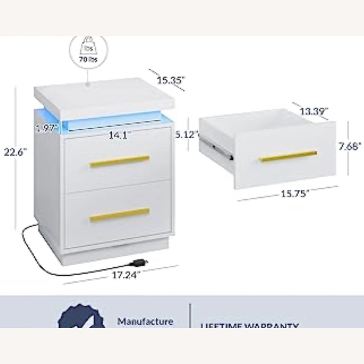 White LED N Ightstand With Gold Accents 3 White LED N Ightstand With Gold Accents - Image 3
