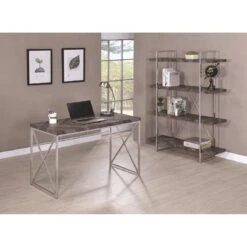 Other Bookcase W/ Rustic Grey Herringbone Shelves & Chrome Base -Othe Furniture Store 1500 1500 frame 0 593